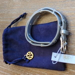 Tory Burch, leather, Double Wrap Logo Stud Bracelet in Silver